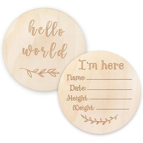 Newborn Baby Announcement Sign 4 inches, Gender-Neutral Hello World Baby Welcome Arrival Photo Prop, Birth Wood Name Date Height Weight Card Shower Gift