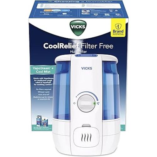 Vicks Filter-Free CoolRelief Cool Mist Ultrasonic Humidifier, Medium Room, 1.2 Gallon Tank – Visible, Medicated for Baby, Kids and Adults, Works With Vicks VapoPads and VapoSteam