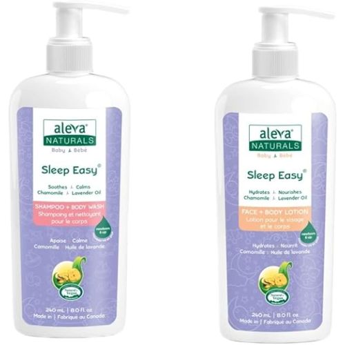 Aleva Naturals Soothing Baby Care Set for bedtime bath, Sleep Easy Hair & Body Wash, 240ml & Sleep Easy Calming Lotion, 240ml, Clear