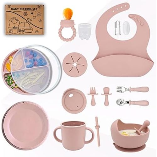 Baby Silicone Feeding Set 16PCS Baby Self Feeding set Toddler Led Weaning Utensils Sets with Suction Bowl and Plate 2 Set of Baby Spoons and Forks Adjustable Bid, Sippy Cup with Straw and 2 Lids