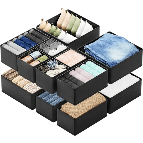 SpaceAid Drawer Organizer for Clothes, 12 Pack Dresser Drawer Organizer Bins, Closet Organizers and Storage Dividers for Clothing, Underwears, Socks (Black)