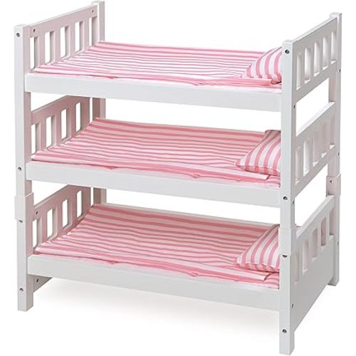 Badger Basket 1-2-3 Convertible Doll Bunk Bed - Pink Stripe Design with Bedding and Personalization Kit - Doll Crib Furniture for 18 to 20 Inch Baby Dolls and Accessories - White