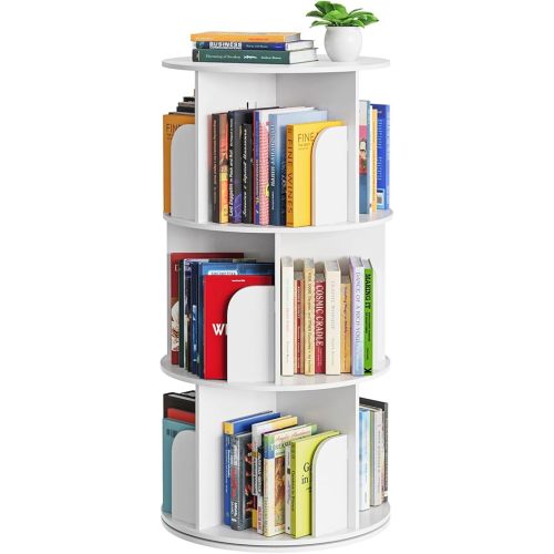 SpaceAid Cross Style 3 Tier Rotating Bookshelf, Spinning 360 Bookcase Lazy Susan Tower, Vertical Revolving Books Shelf Storage Round Carousel Space Saving Organizer, White