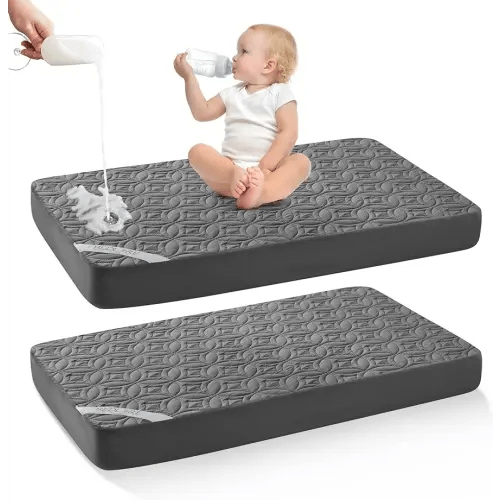 Waterproof Crib Mattress Protector 2 Pack, Soft and Breathable Crib Mattress Pad Cover, Noiseless Machine Washable Toddler Mattress Protector for Standard Baby Toddler Bed (52''x28'',Gray)