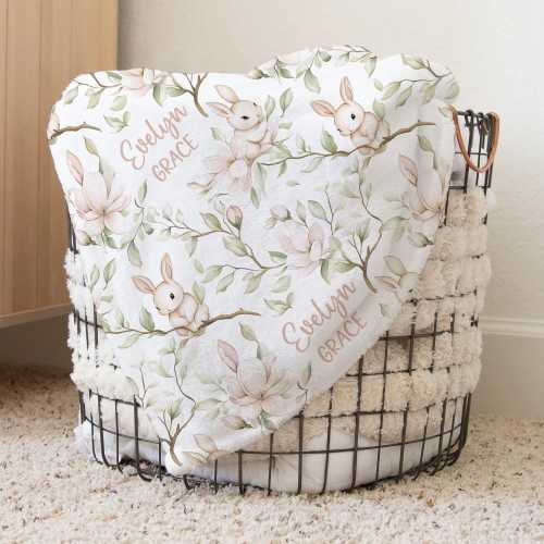 Custom Bunny Nursery Baby Name Blanket, Personalized Pink Magnolia Swaddle Baby Shower Gift, Rabbit New Mom Hospital Blanket, Newborn Gift