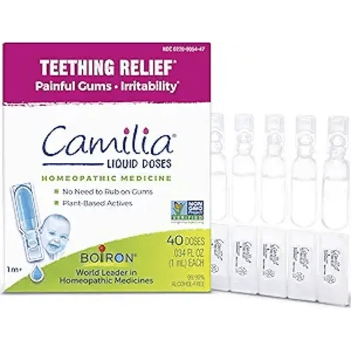Boiron Camilia Teething Drops for Daytime and Nighttime Relief of Painful or Swollen Gums and Irritability in Babies - 40 Liquid Droppers Bundled in 8 separate packs of 5
