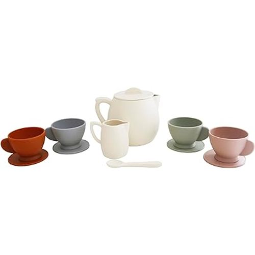 Marlowe & Co Silicone Tea Play Set for Children, Montessori 12 Piece Silicone Dishwasher Safe Tea Set, Fine Motor and Language Skills Kitchen Toy, Gift for 3 4 5 6 Year Old (Cream Multi Mix)