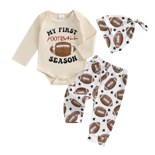 Bagilaanoe 3pcs Fall Outfit Infant Baby Boy First Football Season Long Sleeve Romper Pants Hat Set Game Day Clothes