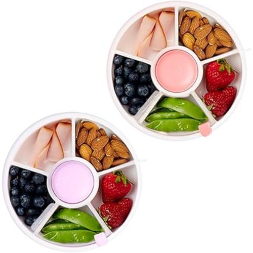GoBe Kids Taro Purple and Coral Pink Snack Spinner Bundle with Hand Strap and Sticker Sheet - Reusable Snack Container with 5 Compartment Dispenser and Lid | BPA and PVC Free | Dishwasher Safe