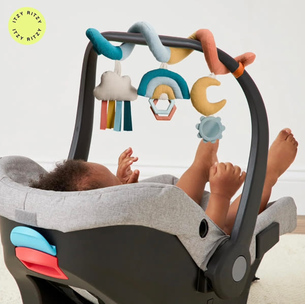 Itzy Ritzy Spiral Car Seat & Stroller Activity Toy - Stroller & Car Seat Toys for Ages 0 Months and Up - Hanging Toys Include Clinking Rings, Mirror and Textured Ribbons (Rainbow)