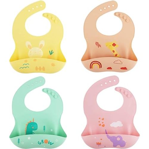 4pcs Silicone Bibs for Babies, Large Front Pocket Silicone Bib BPA Free Waterproof Baby Feeding Bibs with Food Catcher Pocket Silicone Bib for Toddlers 6 to 12 months