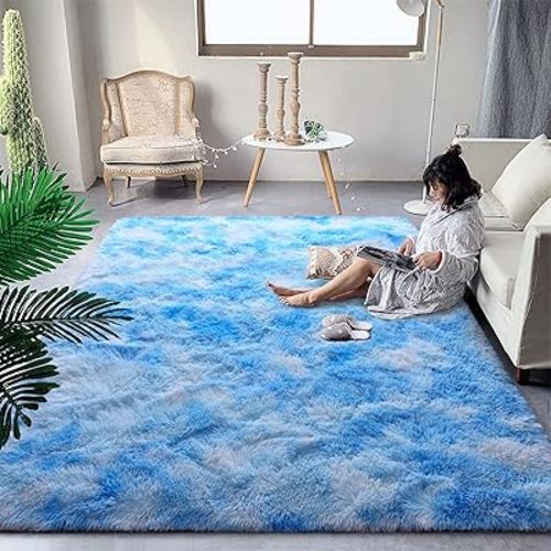 DweIke Extra Large Fluffy Area Rug, 6x9 ft Modern Indoor Carpets for Living Room Bedroom, Plush High Pile Tie-Dyed Blue Rug for Girls Kids Playroom Classroom Nursery Home Décor, Blue