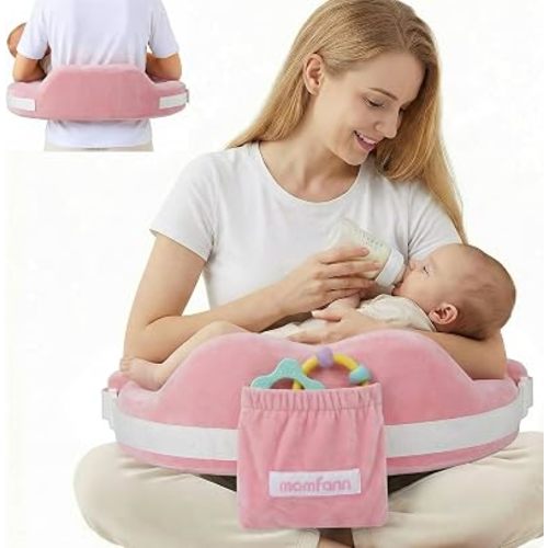 MOMFANN Nursing Pillow for Breastfeeding, 60D Firm Memory Foam, Ergonomic Lumbar Support & Safety Fence, Wider Cushion for Back Pain Relief, Adjustable Strap, Removable Machine Washable Cover - Pink