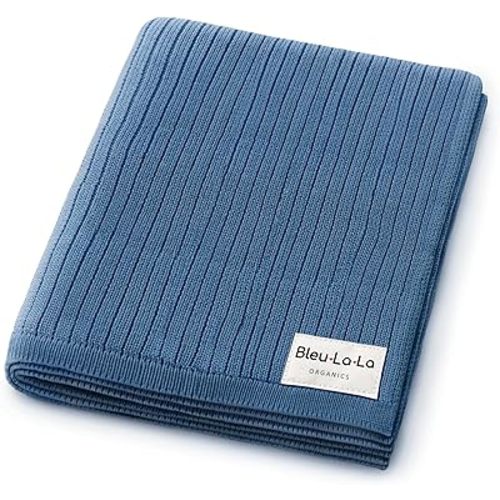 Organic Ribbed Swaddle Blanket for Boys & Girls - 100% Luxury Organic Soft Cotton Knit Warm Cozy Cuddle Stroller Crib Blanket for Newborns, Infants, & Toddlers (Denim Blue)
