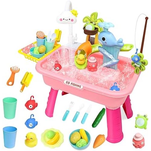 Water Table for Toddlers 1-3, Kids Play Sink for Toddlers with Pump, Whale Slide, Waterfall Shower & Pretend Kitchen Accessories, Summer Baby Water Toy for Outdoor Backyard Sensory Play (Pink)