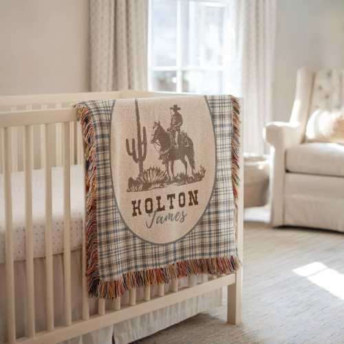 Personalized Cowboy Woven Baby Blanket, Western Cowboy Boys Blanket, Heirloom Blanket, Newborn Name Blanket, Baby Name Blanket, Woven Throw
