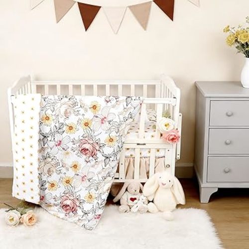4-Piece Crib Bedding Set for Girls, Boho Baby Girl Bedding Set with Crib Skirt, Baby Quilt, Crib Sheet and Diaper Stacker, Flower