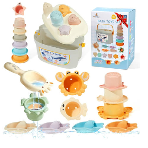 Baby Bath Toys, 21PCS Mold Free Bath Toys for Toddler 2-4 with Montessori Shape Sorter and Educational Stacking Cups, Water Table Toys for Kids Ages 1 2 3 4 5 with Storage Bin