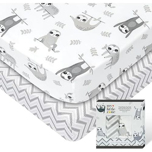 Sloth Boys Crib Sheets - 2 Pack Neutral Fitted Sheets for Standard Crib & Toddler Mattress, Grey Sloth + Chevron Pattern