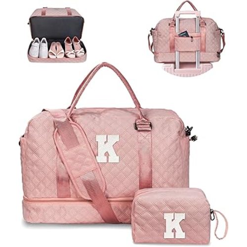 Girl Gift Ideas-Initial Girls Duffle Bag with Shoe Compartment, Kids Weekender Bag, Overnight Bag with Makeup Bag, Gifts for 10 11 12 13 14 15 16 Year Old Kid-Graduation Gifts (Letter K)