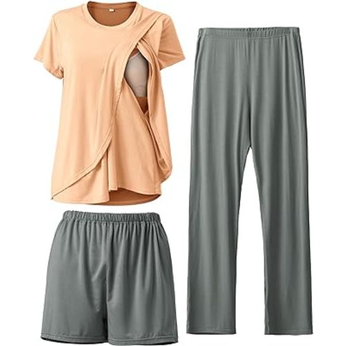 Rnxrbb 3 Piece Postpartum Nursing Pajamas Set Casual Soft Maternity Breastfeeding Pjs Sleepwear Loungewear Clothes Layer
