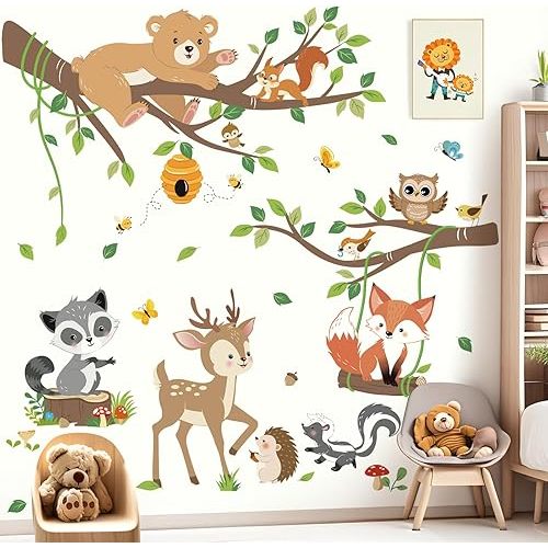 decalmile Woodland Animals Tree Branch Wall Decals Forest Animals Bear Deer Fox Wall Stickers Living Room Baby Nursery Kids Room Wall Decor