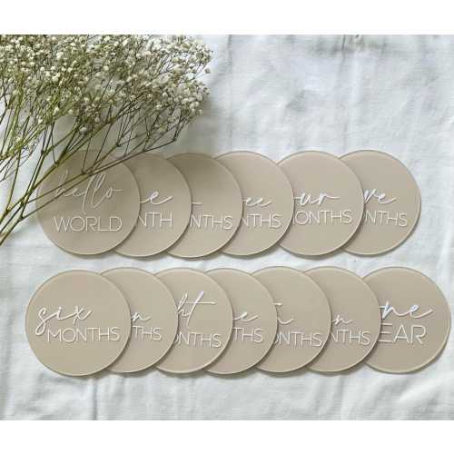 Neutral Acrylic Baby Milestones | Monthly Baby Milestone Rounds | 12 Month Set Announcement Disc | Newborn Photo Prop
