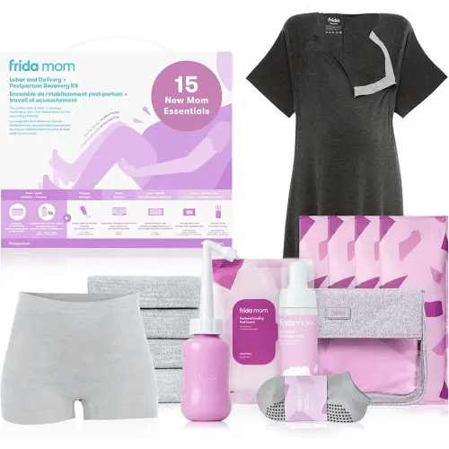 Frida Mom 15pc Labor, Delivery, & Postpartum Kit Gift Set for Baby Showers & Mom to Be, Includes Peri Bottle, Nursing Gown, Disposable Underwear, Ice Maxi Pads, Pad Liners, Perineal Foam, Socks & Toiletry Bag