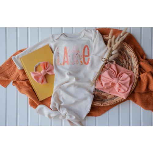 Personalized baby girl gown and bow set, custom coming home outfit for girl, baby shower gift, yellow pink floral, cottagecore baby outfit