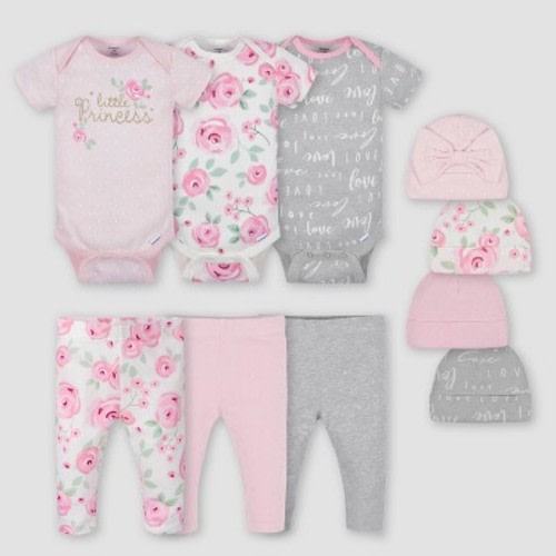 Gerber Baby Girls' 10pk Floral Top And Bottom Set With Cap - Pink 3-6m