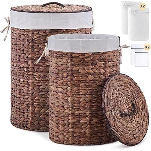 Round Water Hyacinth Laundry Hamper with Lid Handwoven Wicker Basket with Handles for Dirty Clothes, Storage, and Organization Ideal for Bedroom, Bathroom, and Laundry Room, No Assembly Required, 2Pcs