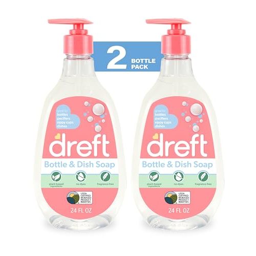 Dreft Baby, Bottle and Dish Soap, Removes Milk Film & Odor, Plant Based, Fragrance Free, Travel Size Bottles, 24 Fl Oz (Pack of 2)