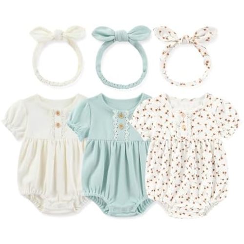 Newborn Baby Girl Clothes Cotton Bubble Romper Floral Short Sleeve Bodysuit 3 Pack