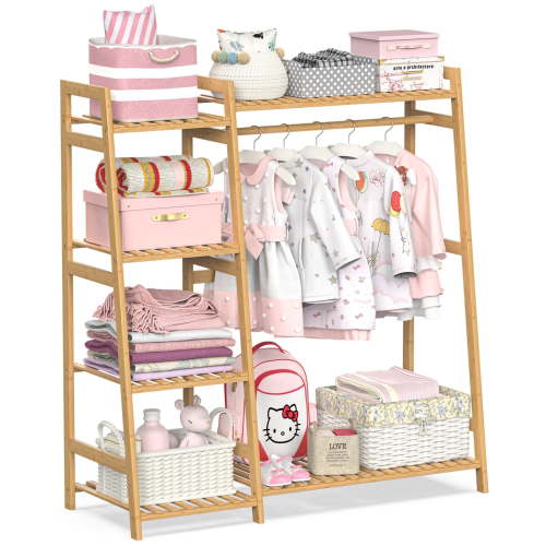 BAMBOOHOMIE Clothing Hangers for Kids with Shelves, Bamboo Clothes Garment Rack for Child Baby, Kids Dress Up Storage Rack, Toddlers Wardrobe Closet for Nursery, Natural