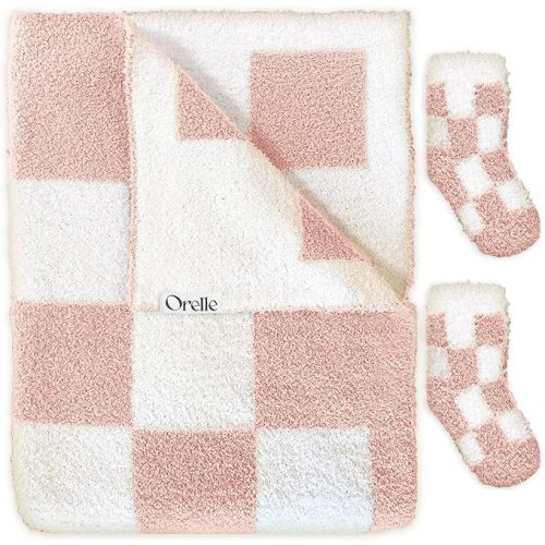 Orelle Checkered Baby Blanket & Socks Set - Cozy, Soft, Warm, Plush - Fluffy Receiving Blankets Girl - Pink Checkerboard - Newborn to Toddler - Nursery, Stroller, Crib - Gift Ready! 30x40 - Baby | 30x40" - Puff Pink