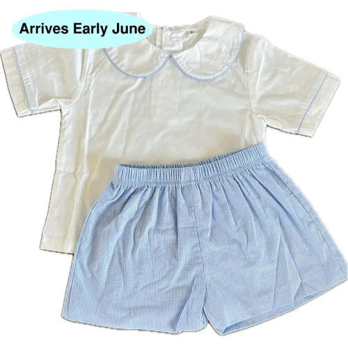 Hampton White and Blue Gingham Piping Short Set