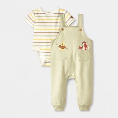 Baby Boys' 2pc Disney Winnie The Pooh Pocket Overalls & Striped Bodysuit Set - Green 0-3M
