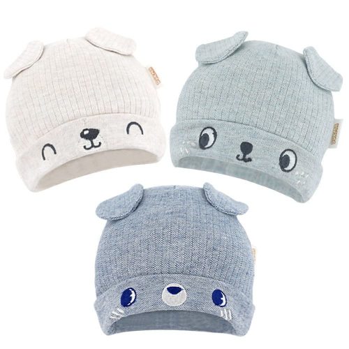 DOKMA Organic Cotton Toddler Hat Set 3 Cute Animal Ears Design, Beanies for Baby Boys and Girls 0-3 Months Light Gray & Blue