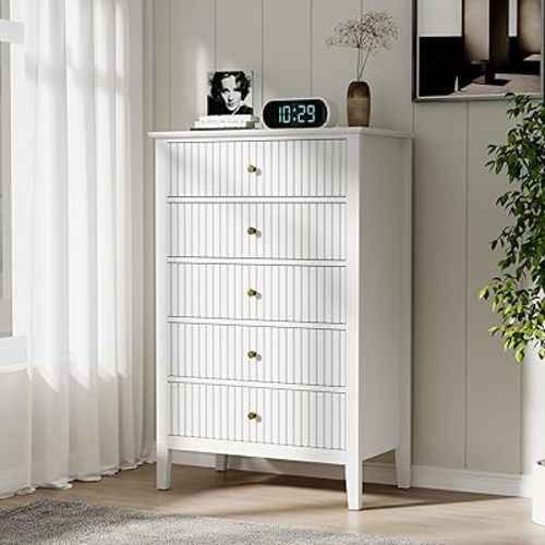 RoyalCraft White Fluted 5 Drawer Dresser for Bedroom, Tall Chest of Drawers, Waterproof Lacquered Desktop,Modern Wood Storage Cabinet for Living Room