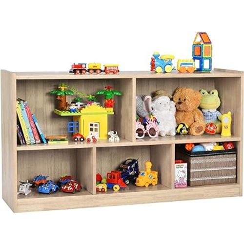 Costzon 2-Shelf Bookcase for Kids, Wooden Toy Storage Organizer for Books Toys, 5-Section Freestanding Classroom Daycare Shelf for Home Playroom, Hallway & Kindergarten (Natural)