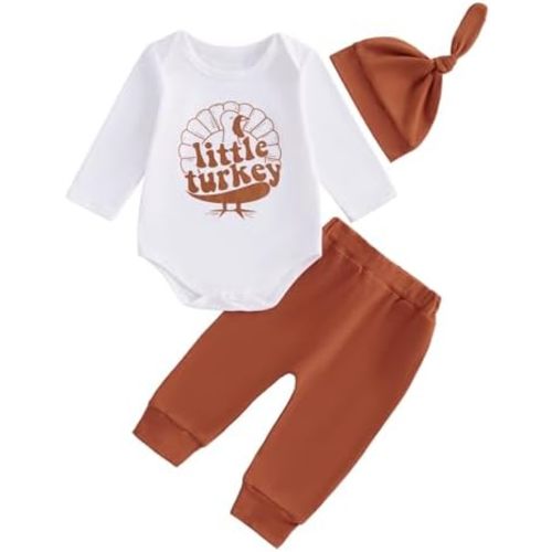 Baby Boy Girl My 1st Thanksgiving Outfit 0-3 6 12 18 Months Long Sleeve Romper Turkey Pants Hat Set Infant Clothes