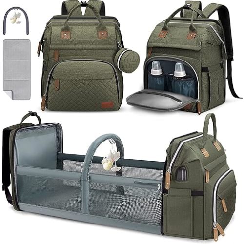 DERJUNSTAR Diaper Bag Backpack – Large Capacity Baby Diaper Bag with Changing Pad, Waterproof Travel Backpack for Boys & Girls, Multi-Function Baby Bag with USB Charging Port, Army Green