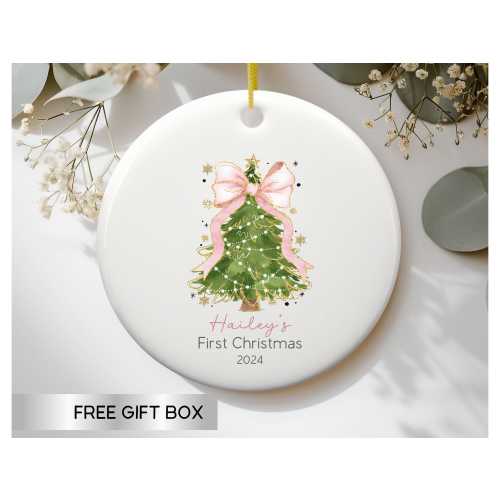 Baby First Christmas Ornament 2025, Personalized First Christmas Ornament Baby Girl Name, Baby Shower Gift, Baby Family Keepsake, Pink Bow