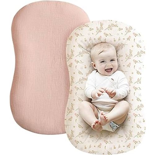 Konssy Muslin Baby Lounger Cover 2 Pack, 100% Cotton Newborn Lounger Cover, Soft and Breathable Lounger Slipcover for Boys Girls, Covers Only (Pink, Floral)