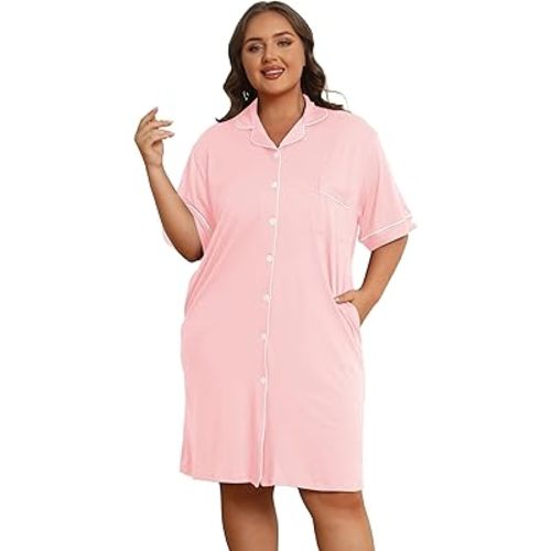 Vozanet Women Button Down Nightgown Plus Size Nursing Nightshirt Boyfriend Nighty Bridal Sleepdress with Pockets XL-5XL