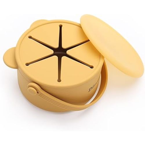 Snack Cups for Toddlers, Baby Snack Containers, Silicone Toddler Snack Cups No Spill, Food Catcher with Lid & Bucket-like Handle, BPA Free & Dishwasher Safe, 9 Ounce Mustard