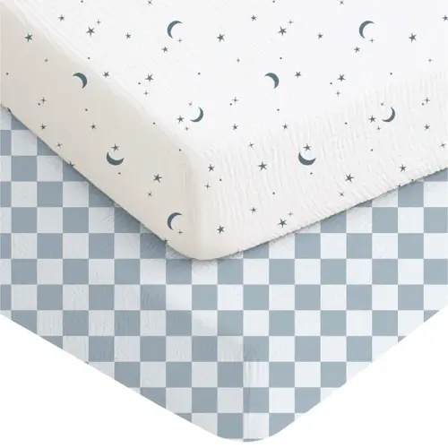 Konssy Muslin Crib Sheets for Boys, Soft Cotton Neutral Baby Sheets for Standard Crib Mattress 2 Pack, 52"x28" (Dreamfield Sky,Baby Blue Plaid)