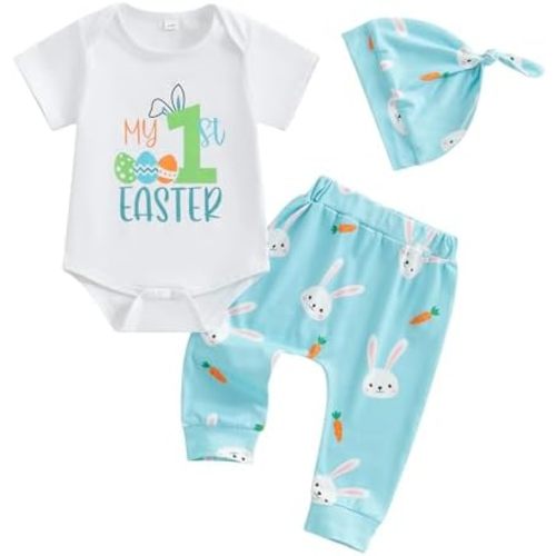 Karuedoo First Easter Baby Boy Outfit Newborn Letter Print Romper Bunny Carrot Pants Hat 3Pcs Infant Boy Easter Outfits Set