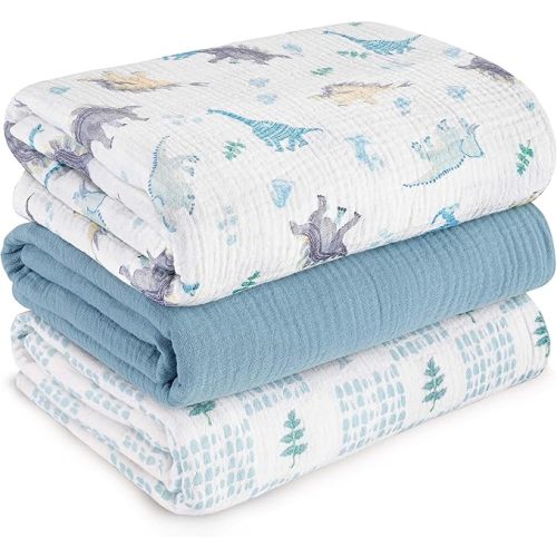 Muslin Swaddle Blankets for Newborn, 3 Pack Breathable Soft Receiving Blanket, Large 38 x 40 inches Swaddle Wrap Burping Clothes Diapers, Essentials Infant Shower Items, Toddler Gift (Blue Dinosaur)