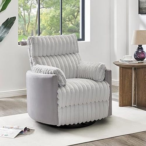 Swivel Recliner Chairs - Manual Recliner Chair with 360 Degree Rotation & Wide Wale Corduroy Design, Swivel Reclining Chair with Curved & Pillow-Top Arms, Corduroy Wide Recliner for Office (Gray)